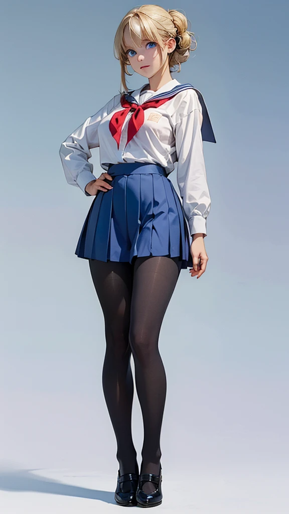  is completely anatomically correct,  (((Full body portrait))), A Anime Beautiful Girl (((School Uniform, Black Pantyhose))), Big breasts, video, (((Half updo Blonde Hair, Blue eyes))), inviting, top quality,  textured skin,  thin legs  