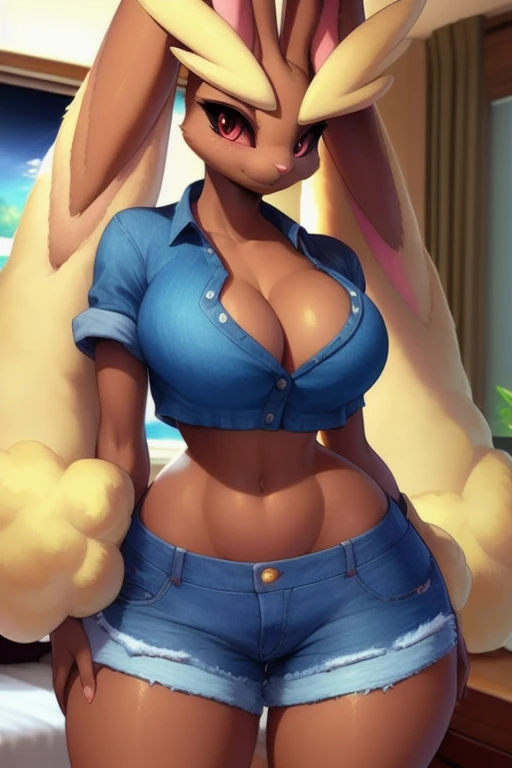 uploaded on e621, explicit content, 3d:0.7, cutesexyrobutts, hioshiru, female, solo, lopunny, short round fluffy tail, bedroom setting, (fitted denim crop button-up with rolled sleeves, Jean shorts), (large breasts, natural breasts, breast sag:0.8), thick ...