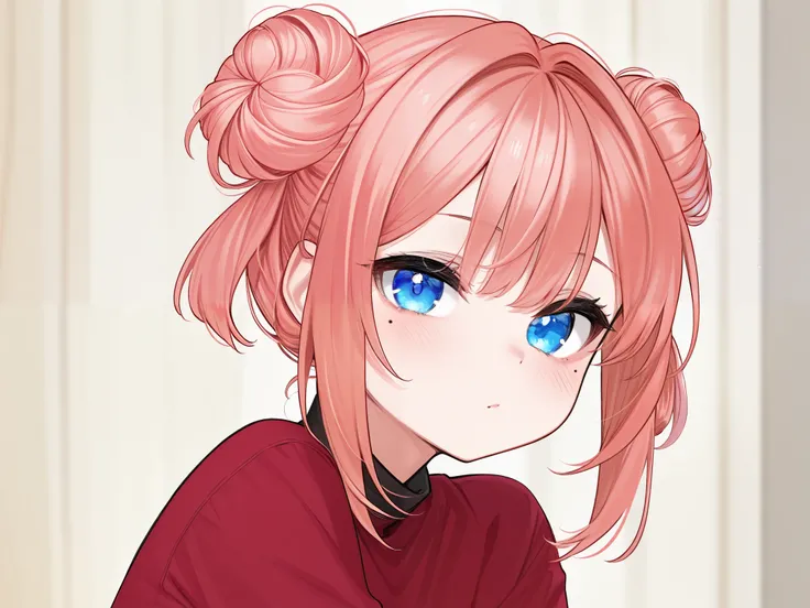 hair color #ffbaab, blue eye, twin small bun hair, cute type girl, red clothes, have lacrimal point under right eye, only the upper body