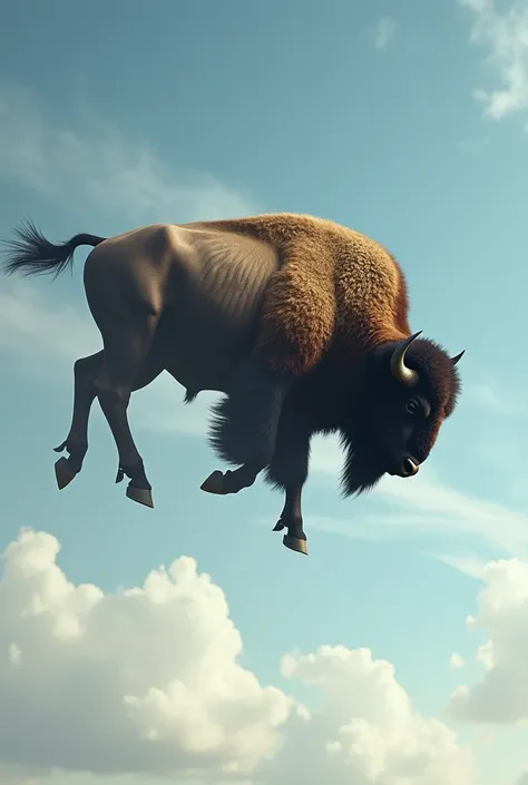 A picture of a buffalo falling from the sky