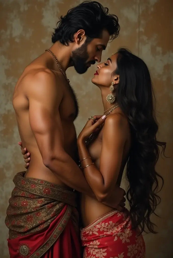 Muscular Indian girl with chest hair kissing another weak Indian girl