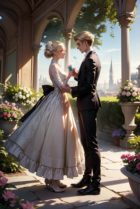 Victorian style scene of a couple looking into each others eyes, dressed in black with black shoes, she dressed in pink with white shoes with full bodies, each with a cup in their hands, very delicate features of her face, she is blonde and light brown in ...