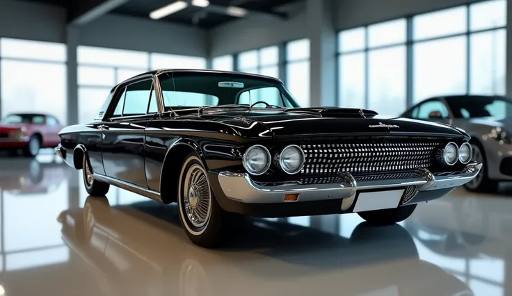 A high-quality, detailed image of a [ 1960Mercury Cougar ], captured from the  right 
Side view  angle in a showroom setting. The car features [specific details like color pure black, unique design elements, grille, headlights, etc.]. The background is wel...