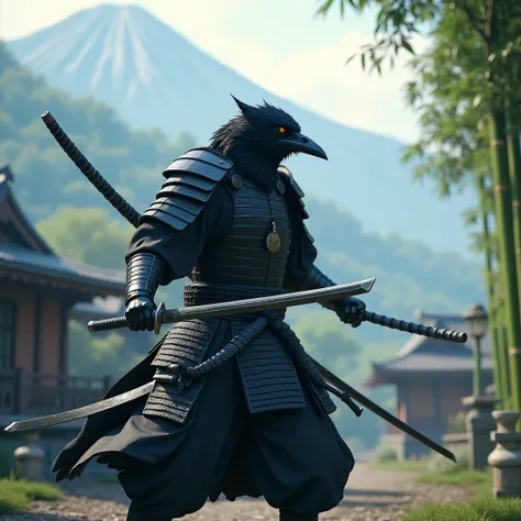 Raven samurai in peaceful practice. Dynamic pose. Slowly Wields a katana in practiced motions, dynamic pose, extensively detailed background with mountains and bamboo forrests, Japanese huts, Ultra-detailed, High Resolution, Masterpiece, Cinematic, Cinemat...