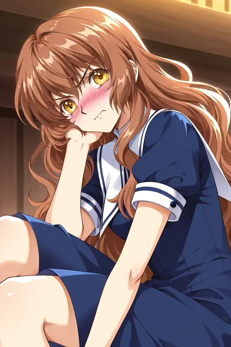 A girl that is an student. She has long wavy Brown hair with shiny golden eyes with blue dress uniform. She is Angry, but blushing nervous. Kind. Clamp Tsubasa chronicles art style. 