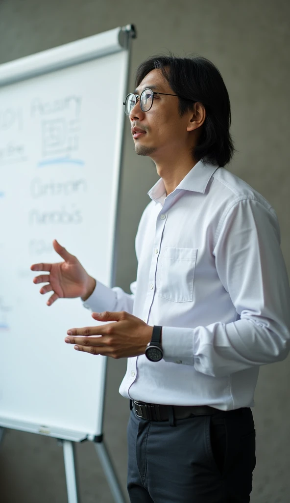 A slim man with a typical Indonesian face and shoulder-length hair, wearing glasses and a wristwatch on his left hand, is standing near a whiteboard, gesturing as though presenting to an audience, not facing the camera. The setting is bright during the day...