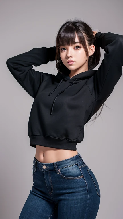 a beautiful 18 year old girl, 1 girl, wearing hoodie and black pants, looks very beautiful, extremely detailed eyes and face, beautiful detailed lips, long eyelashes, royal girl, elegant girl, cool girl, jealousy face, perfect photoshoot, fullbody shot, st...