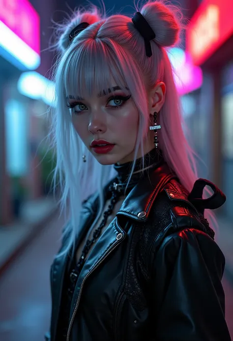  top quality , high res、 high res、( masterpiece), Silver Hair、Pink mesh hair、Gothic punk clothing、 looks up,  upper body,Hair bundle, white skin,( Realism:1.5、 realistic 、 photorealistic、 RAW photos )、black、nice、wonderful、 beautiful、 earrings for women wit...