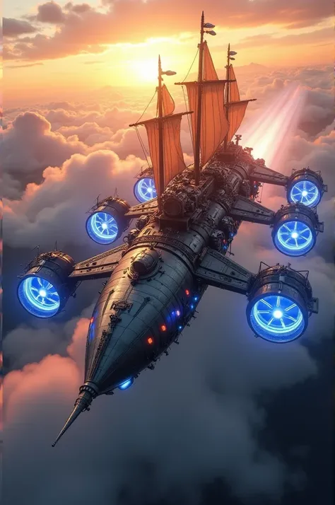 
An epic fantasy airship racing through the skies at breathtaking speed, inspired by Final Fantasy style. The airship features intricate steampunk designs with six massive propellers, three on each side, spinning at incredible velocity, creating dynamic mo...