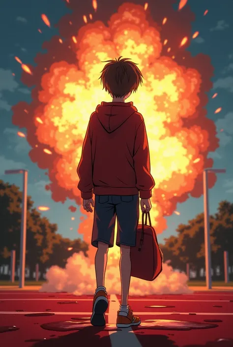 Anime of  high school Teenage boy wearing bag wear  where see from distance hiding another teenage boy bag explode with explosive .. disintegrated his body and his friend body around him where there blood is on the road of the football field of the high sc...