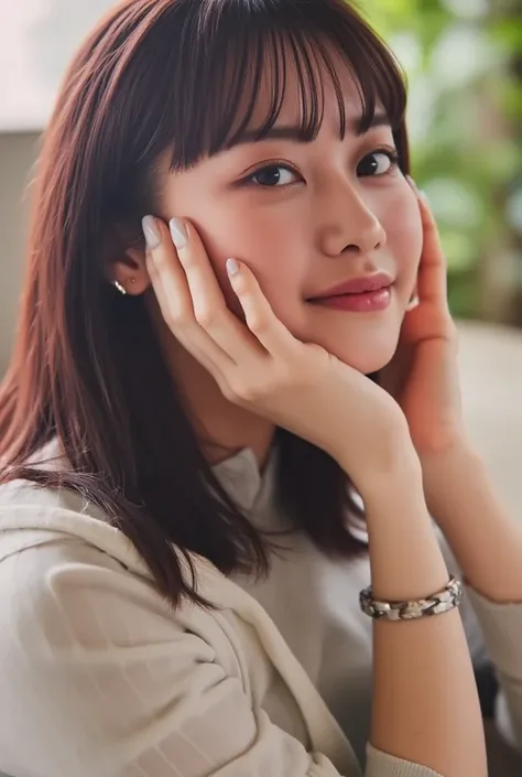 likeい, An adorable Korean woman poses gently for the camera , She gently places her hands on her chin , Her long,  Black hair wraps around her gentle face .  She embodies the sweet innocence of Korean idols ,  and adds playfulness and cuteness . Her perfec...