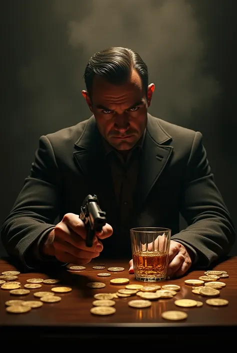 A table with whiskey a dollar gun and a mobster at the table and background with coins 