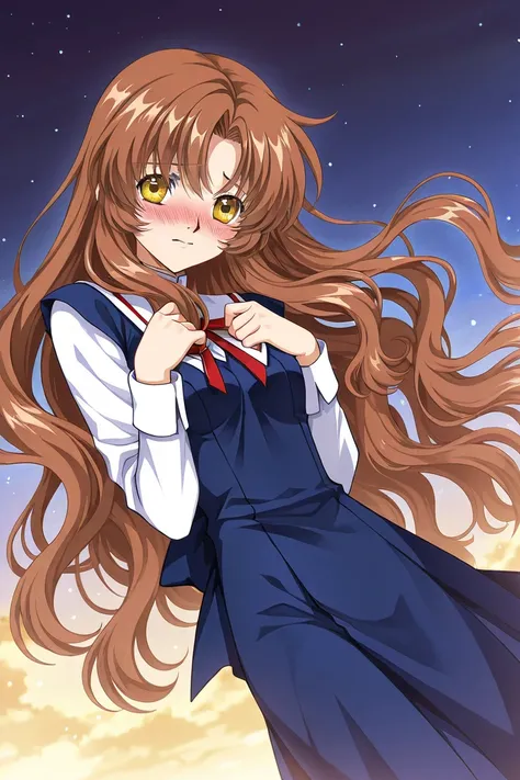 A girl that is an student. She has long wavy Brown hair with shiny golden eyes with blue dress uniform. She is nervous, but blushing. Kind. Clamp Tsubasa chronicles art style. 