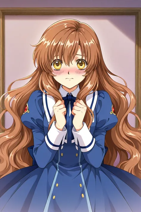 A girl that is an student. She has long wavy Brown hair with shiny golden eyes with blue dress uniform. She is nervous, but blushing. Kind. Clamp Tsubasa chronicles art style. 