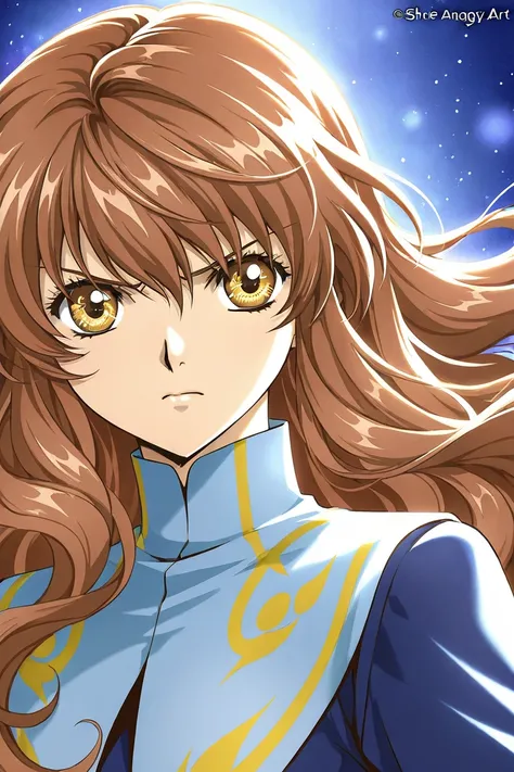 A girl that is an student. She has long wavy Brown hair with shiny golden eyes with blue dress uniform. She is Angry. Kind. Clamp Tsubasa chronicles art style. 