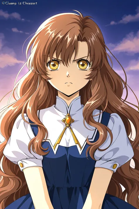 A girl that is an student. She has long wavy Brown hair with shiny golden eyes with blue dress uniform. She is Angry. Kind. Clamp Tsubasa chronicles art style. 