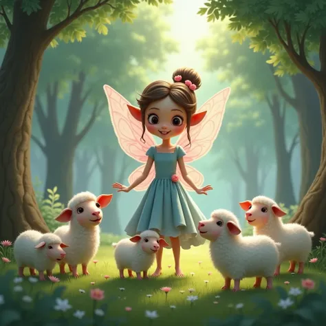 A mature fairy with a cute face ,  in a blue and pink dress teaches five little sheep in a forest meadow.