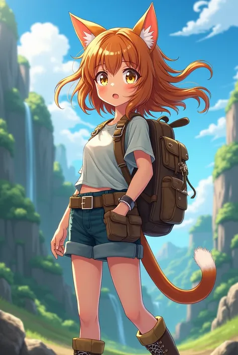 Generate an image of a 16-year-old girl, brown orange hair ,  that has cats ears and tail and that looks like an adventurer from the world of the Danmachi anime 