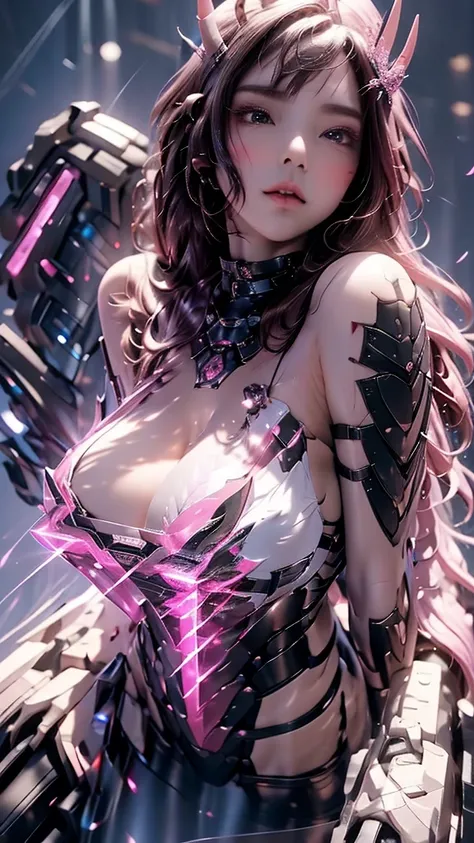 （（ crystals、A woman with a very beautiful face、 big boobs、The right hand grabs the back of the neck））、secret art、Laser beam、path of evil、 magic 、Demon Princess、Ambition、jump、 look down、 big weapon、Glowing tattoos on the body、Demon Armor、spiky thong、Cape、De...