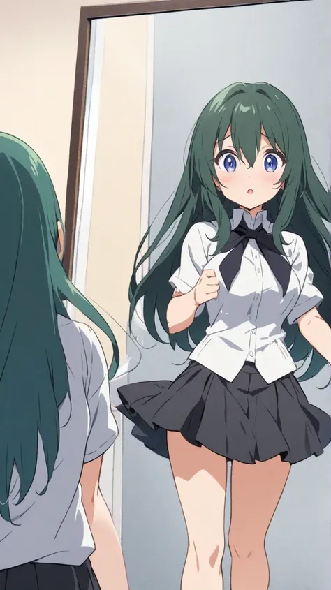 Anime girl in a skirt ,
 Pazes in front of the mirror 