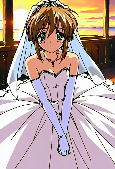 (((Best quality))), ((Ultra-detailed)), ((illustration)), ((frilld)), (1 girl),(Solo),1girl, wedding, wedding_dress, brown hair, green eyes, short hair,
