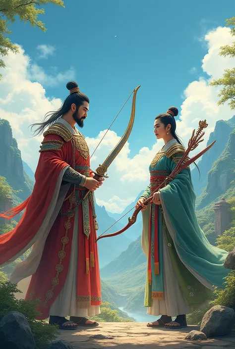 Two male nobles from the Zhou dynasty, one with a sword and one with a bow