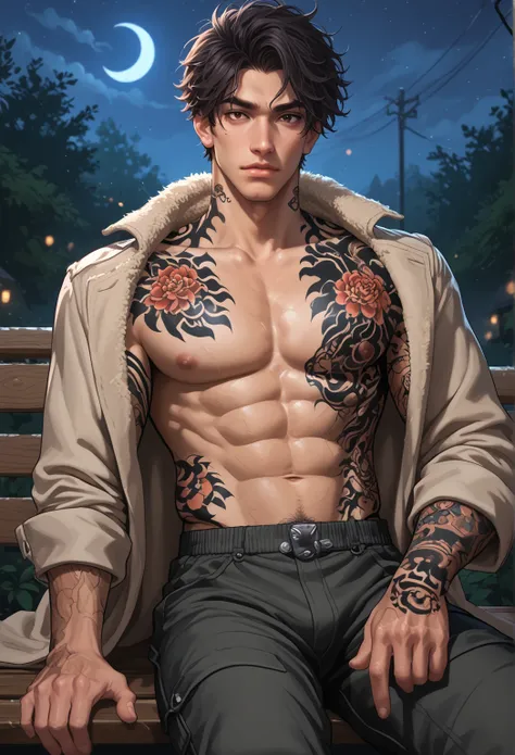 1men, calm expression, adult, muscular, body covered in tattoos (Tattoos on chest), (Tattoos on abdomen), (Tattoos on neck), Dark hair, messy hair, brown eyes, wearing casual long coat, black cargo short pant, sitting in bench, (Night:1.4), portrait. score...