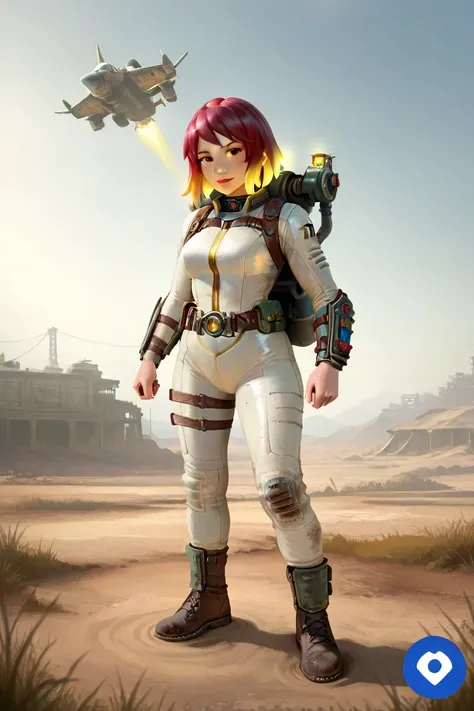 score_9, score_8_up, score_7_up, 1girl, {circle icon}, {icon}, {transparent_png}, no text, vault girl, fallout (series), nuka girl rocket suit, white suit, jet pack, wasteland, realistic, concept art, beautiful composition, conceptual depth, precision deta...