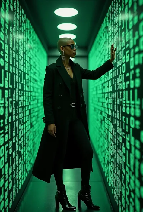 Prompt: An medium size African American woman with a bald head with a symbol on her forehead, dark shades, touching the matrix green codes in a hologram in an underground room surrounded by the hologram green codes. She is wearing a long black coat, with l...