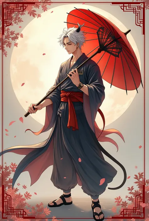 Create an image of a  male manhua  ,  who is a short dark-haired yin yang and wears a watch earring holding a talisman , male manhua hula short white hair tie long tail wearing earrings with right ear fan holding right ear left umbrella, male manhua demon ...