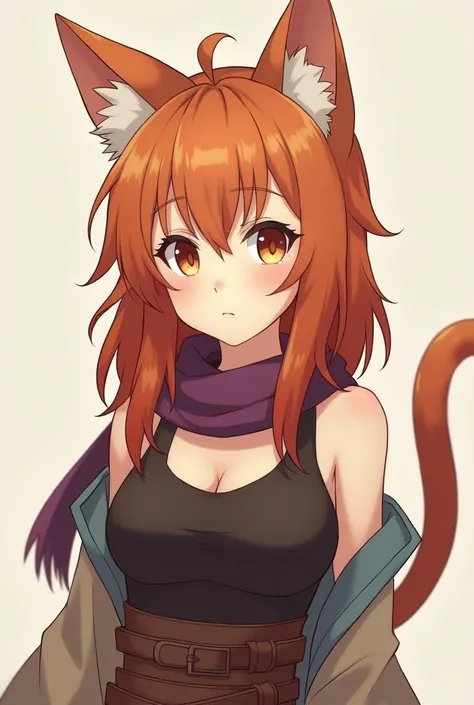  Generate an image of a 20-year-old girl, brown orange hair ,  that has cats ears and tail and that looks like an adventurer from the world of the Danmachi anime, with a slightly serious look , That the girl looks mature  