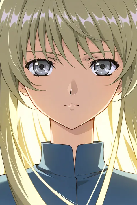 A girl that is an student. She has long straight Blond hair with shiny grey eyes with blue dress uniform. She is brave and smiling. Kind. Close up. Clamp Tsubasa chronicles art style. 