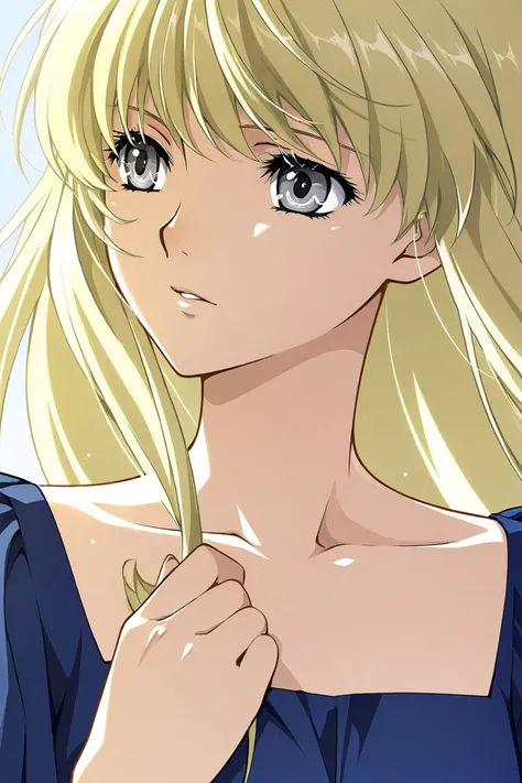 A girl that is an student. She has long straight Blond hair with shiny grey eyes with blue dress uniform. She is brave and smiling. Kind. Close up. Clamp Tsubasa chronicles art style. 