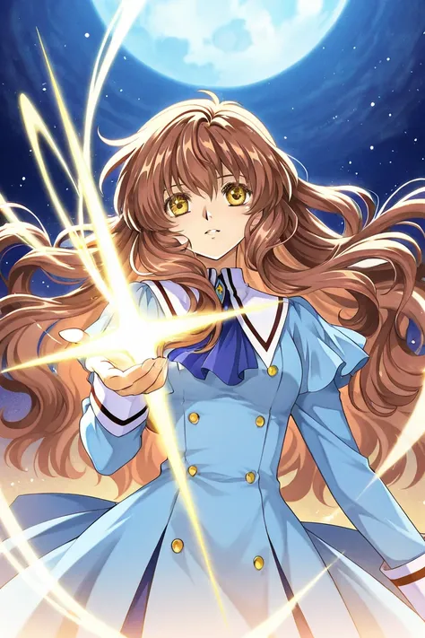 A girl that is an student. She has long wavy Brown hair with shiny golden eyes with blue dress uniform. She is in love with a boy. Kind. Clamp Tsubasa chronicles art style. 