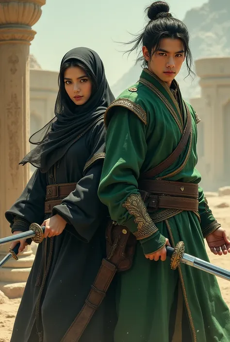 An Arab girl wearing a hijab is wearing black clothes and holding a sword, and a handsome young man, Jinhu, is wearing green clothes and holding swords.