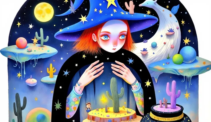 young woman,short curly hair，  closed eyes ,  lots of stars around ,  big full moon  ,  holds a telescope , planets,  blue witch hat decorated with glowing A star mi ,  nearby unicorn bird , witch cauldron with A star mi ,  jewelry , stars , clouds,  long ...