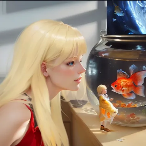  woman with blond hair looking at a fish in a bowl with a goldfish, Inspired by Ray Caesar , inspired by Jean-Léon Gérôme , realistic art style, Made with Anime Painter Studio,  inspired by Stevan Dohanos ,  painted in the anime painting studio , Glowing d...