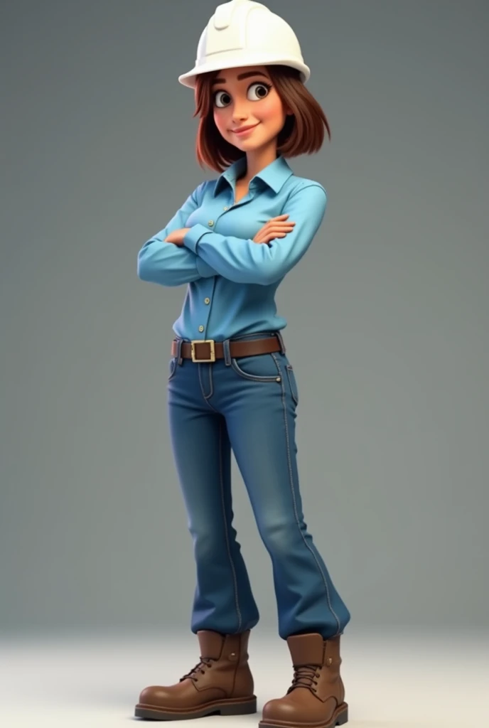 animation of a female mining worker wearing a plain long-sleeved light blue shirt, jeans, a white helmet, full body to the feet, while folding his arms, wearing high safety shoes, trousers tucked into the shoes