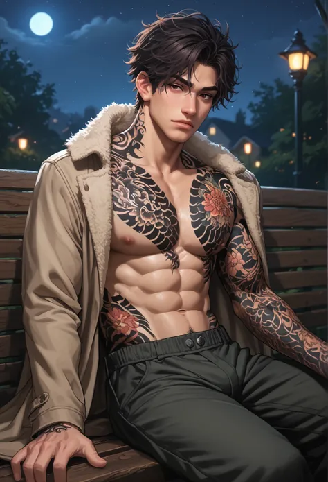 1men, calm expression, adult, muscular, body covered in tattoos (Tattoos on chest), (Tattoos on abdomen), (Tattoos on neck), Dark hair, messy hair, brown eyes, wearing casual long coat, black cargo short pant, sitting in bench, (Night:1.4), portrait. score...