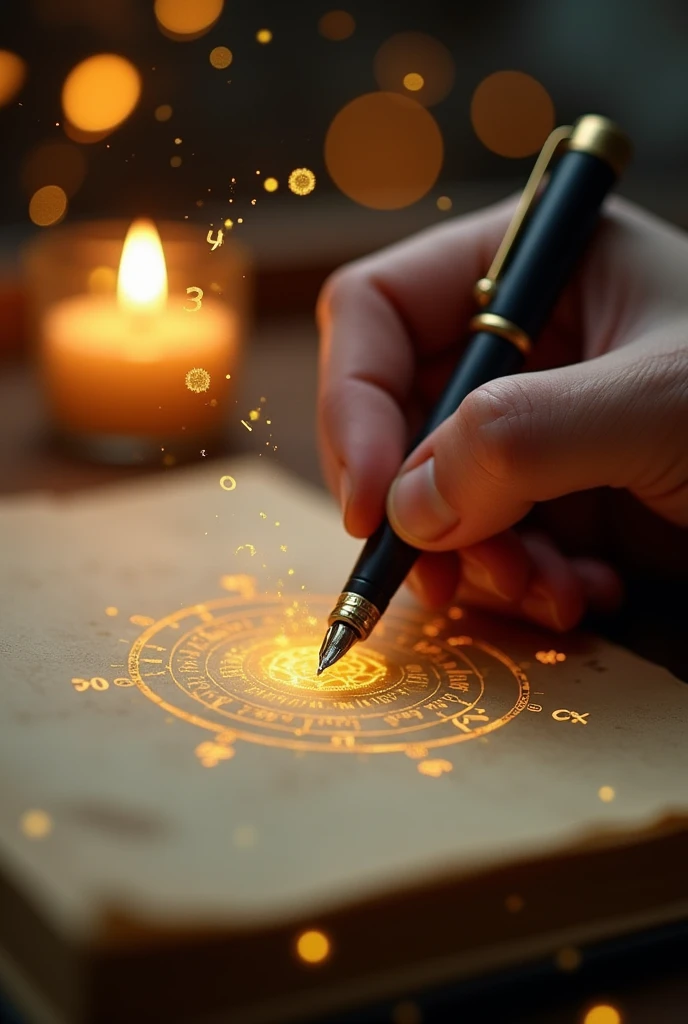 An extreme close-up cinematic shot of a hand carefully drawing numerological symbols or calculating with a fountain pen in a notebook. The pen’s tip glides on textured parchment paper, with golden ink slightly reflecting the light. Numbers and glowing symb...