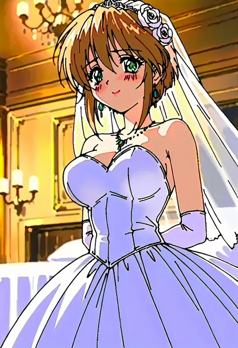 (((Best quality))),((Ultra-detailed)),((illustration)),((frilld)),(1 girl),(Solo), 1girl, Bangs, Smile，Shut up，blush， Close-up of beautiful bride wearing beautiful wedding dress,Gurwitz,(bridal veil:1.5），（Transparent short veil：1.5），Blushing face，Head flow...