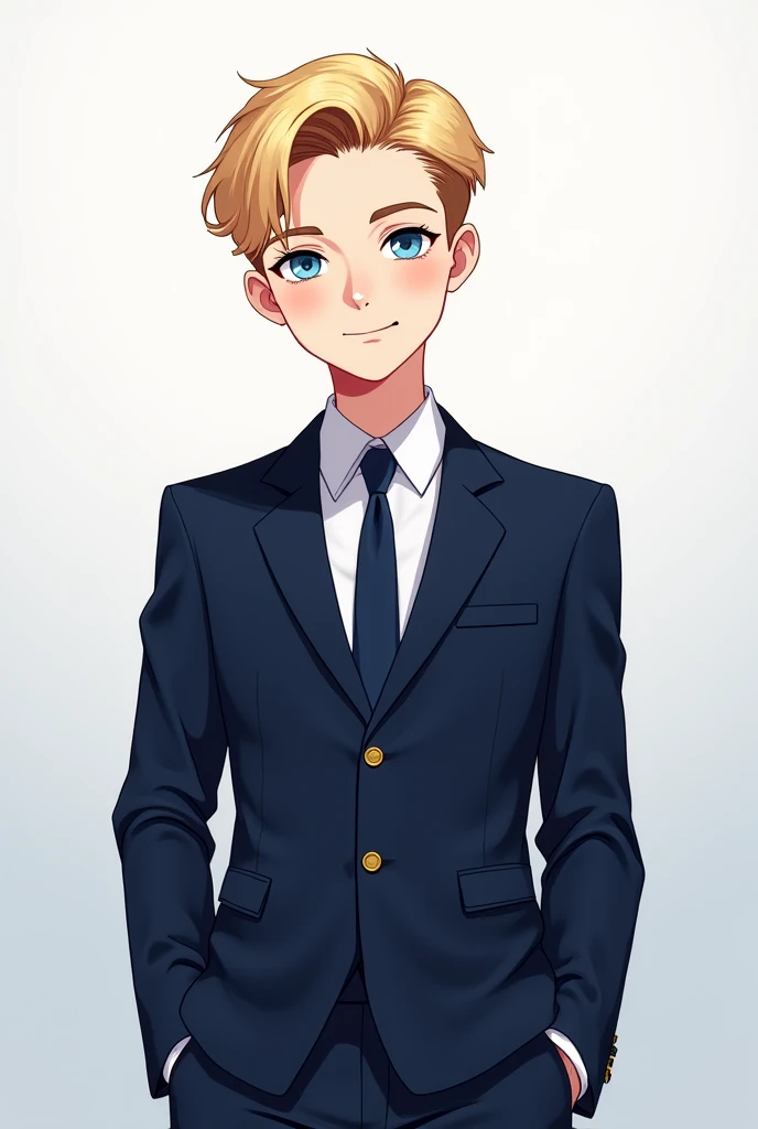 25 year old boy,  blond hair ,  light blue eyes , dressed in navy blue formal attire,  digital illustration  