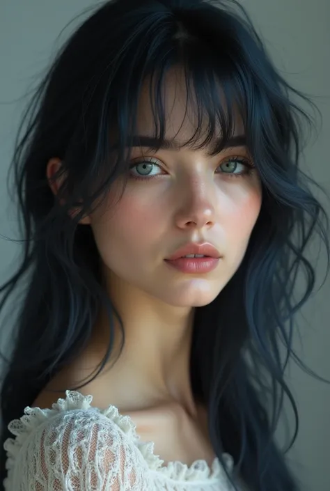 Semi-realistic French woman , 29 years old,  slightly long and slightly messy bluish black hair,  greyish blue eyes ,  pale skin  