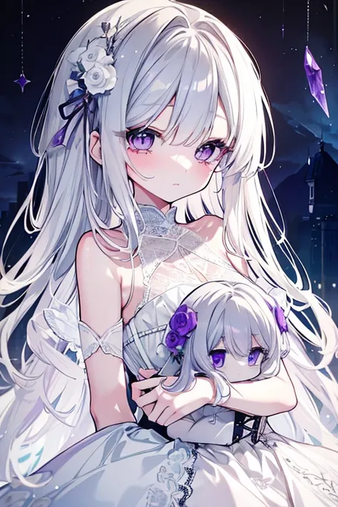 a beautiful ethereal silver-haired girl, long luscious shiny silver hair, delicate beautiful young woman, long eyelashes, beautiful amethyst-like eyes, white lace dress, doll-like perfectly proportioned beautiful face, innocent, large eyes, corset bodice, ...