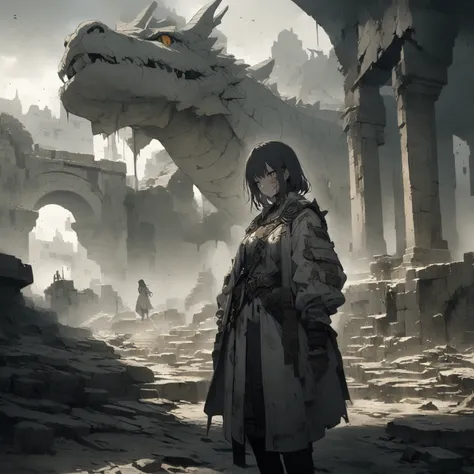  very detailed,  Textured Skin,  1 girl,White Dragon、scratches on the face、tobacco、 ANCIENT CITY、ruins、Gloomy atmosphere