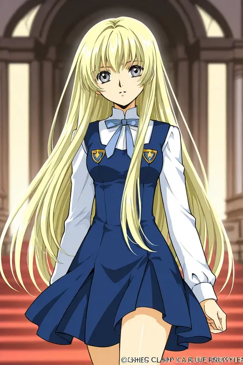 A girl that is an student. She has long straight Blond hair with shiny grey eyes with blue dress uniform. She is brave and smiling. Kind. Clamp Tsubasa chronicles art style. 