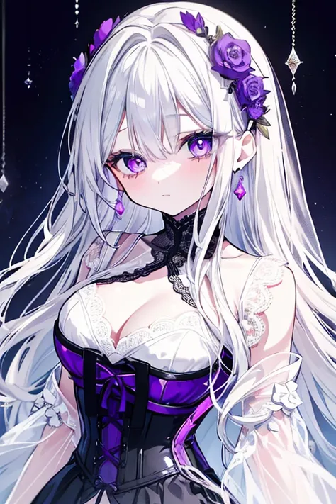 a beautiful young girl with long silvery hair, delicate features, large amethyst-like eyes with long eyelashes, wearing a white lace dress, doll-like perfect face, innocent expression, large eyes, gemstone earrings, corset lacing, translucent skin, slender...