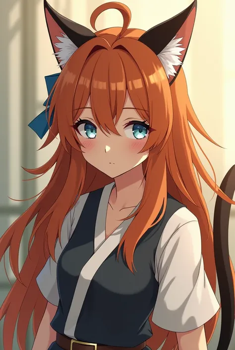  Generate an image of a 20-year-old girl, brown orange hair ,  that has cats ears and tail and that looks like an adventurer from the world of the Danmachi anime, with a slightly serious look , That the girl looks mature , And that he is in the middle of a...