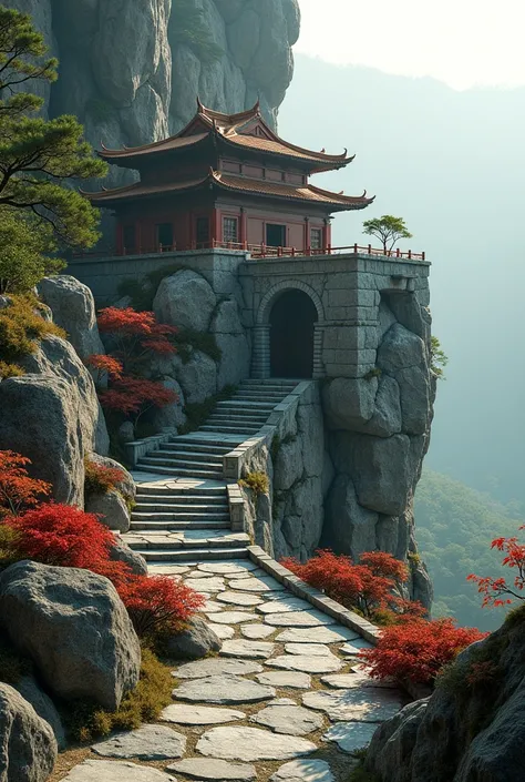 generate a hyper realistic scene reminiscent of the high mountain
monk monastery on a cliff overlooking tea fields, inspired by M.C. Eschers. signature style, incorporating impossible geometries, interconnected elements, and mind-bending perspectives. Focu...