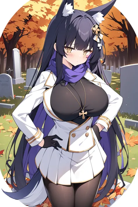 autum. leaves, trees, graveyard, tombstones, 1girl, fox ears, fox tail, long hair, black hair, hair ornament, gold beautiful eyes,  huge, breast, white skirt. blackck t-shirt, breasts framed, white blazer,  scarf, cross neckle, gloves, сovered breasts, han...